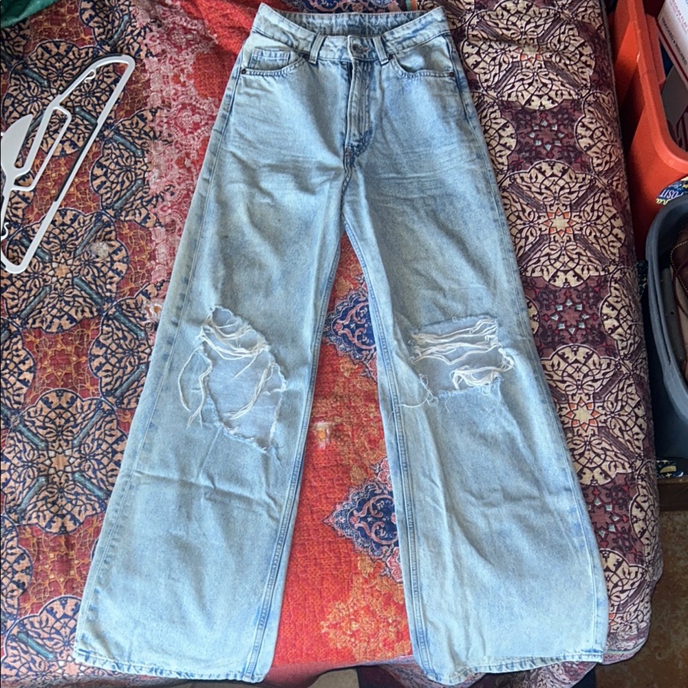 H&M Blue Flare Wide Leg Jeans with Distressed Details